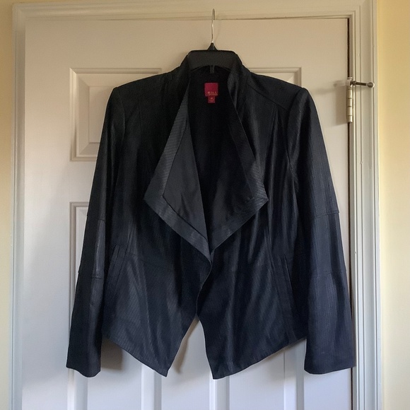 G.I.L.I Open Front Tonal Printed Leather Jacket with Pockets Black SZ 14 - Picture 2 of 16